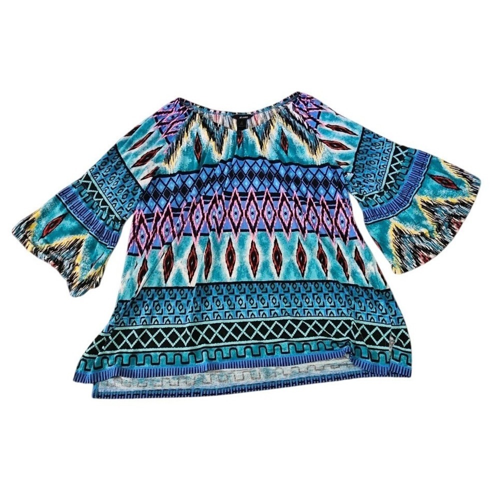 Ali Miles Women 1X Tunic Top Blue Ikat Geometric Bell Sleeve Blouse Boho T-Shirt